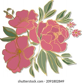 peony flower buds branch with leaves and small flowers isolated vector background