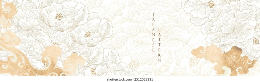 Flor de peonía y nube china con ilustración dibujada a mano en estilo vintage. Patrón floral dorado en estilo vintage. Diseño de Anuncio de flora oriental.