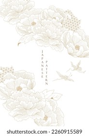 Peony flower and crane birds with hand drawn illustration in vintage style. Gold floral pattern in vintage style. Oriental flora  banner design in retro style.