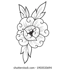peony flower graphic design vector illustration, icon, art tattoo sketch, logo, hand draw, use in print