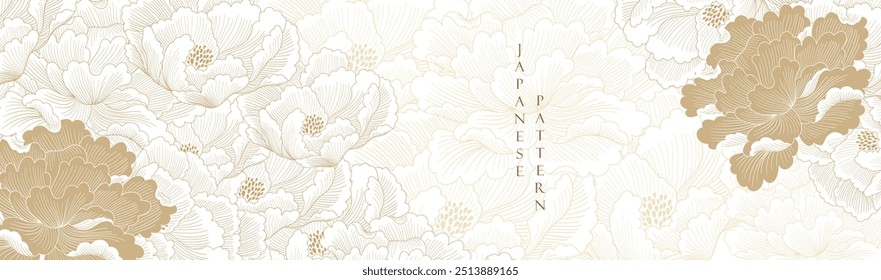 Peony flower with hand drawn illustration in vintage style. Gold floral pattern in vintage style. Oriental flora banner design