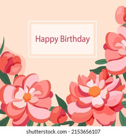 Peony flower Happy Birthday card in pastel pink colours