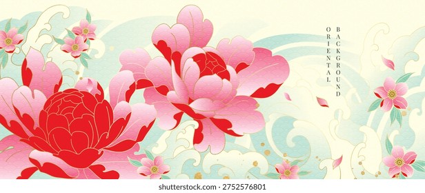 Peony flower Japanese background vector. Red and pink peony blooms with soft ornamental details in elegant oriental floral design for banner, wall art, packaging and digital media.