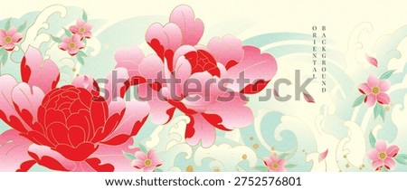 Peony flower Japanese background vector. Red and pink peony blooms with soft ornamental details in elegant oriental floral design for banner, wall art, packaging and digital media.