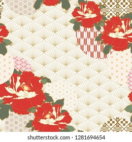 Peony flower with Japanese pattern background. Floral template  vector.