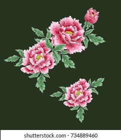 Peony Flower Of Japanese Style. Patches For Embroidery Or Textile Print On Green Background. Vector Illustration.