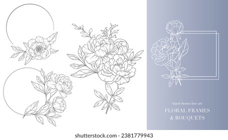 Peony Flower Line Art. Floral Frames and Bouquets Line Art. Fine Line Peony Frames Hand Drawn Illustration. Hand Draw Outline Leaves and Flowers. Botanical Coloring Page. Outline peony Isolated 