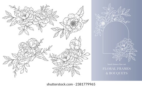 Peony Flower Line Art. Floral Frames and Bouquets Line Art. Fine Line Peony Frames Hand Drawn Illustration. Hand Draw Outline Leaves and Flowers. Botanical Coloring Page. Outline peony Isolated 