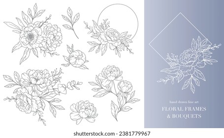 Peony Flower Line Art. Floral Frames and Bouquets Line Art. Fine Line Peony Frames Hand Drawn Illustration. Hand Draw Outline Leaves and Flowers. Botanical Coloring Page. Outline peony Isolated 