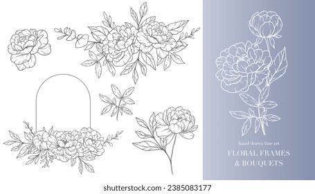 Peony Flower Line Art. Floral Frames and Bouquets Line Art. Fine Line Peony Frames Hand Drawn Illustration. Hand Draw Outline Leaves and Flowers. Botanical Coloring Page. Outline peony Isolated 