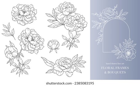 Peony Flower Line Art. Floral Frames and Bouquets Line Art. Fine Line Peony Frames Hand Drawn Illustration. Hand Draw Outline Leaves and Flowers. Botanical Coloring Page. Outline peony Isolated 