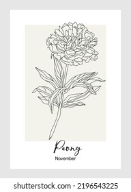 Ilustración vectorial de la línea floral peony. Esbozo de tinta negra botánica dibujado a mano. Flor en noviembre de mes de nacimiento para arte en la pared, joyería, tatuajes, logotipo, diseño de empaque.