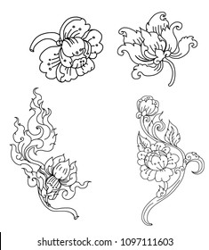 Peony flower Line Thai style.Thai flower vector.Outline and coloring book beautiful Line art Hibiscus mutabili flower.