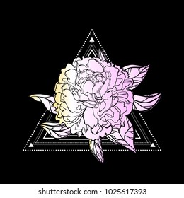 Peony flower on the background of the triangle. China. Feng Shui. The Imperial flower. Luxury. Sacred symbol, a talisman. Tattoo for luck and love. Print or a poster. Decorative design element. Art.