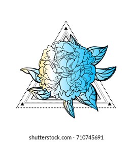 Peony flower on the background of the triangle. China. Feng Shui. The Imperial flower. Luxury. Sacred symbol, a talisman. Tattoo for luck and love. Print or a poster. Decorative design element. Art.