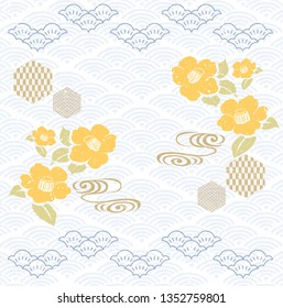 Peony flower pattern with Japanese pattern background. Yellow floral with wave elements.