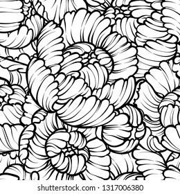 Peony flower pattern line drawing. Vector hand drawn engraved floral background Black ink sketch. Great for invitation card, fabric, print and decorations.