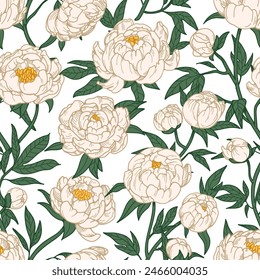 Patrón de flores de peonía. Estampado floral sin costuras. Fondo botánico sin fin, jardín florecido en estilo retro vintage. Dibujo detallado de la textura, ramas florecientes. Ilustración vectorial dibujada para el Fondo de pantalla