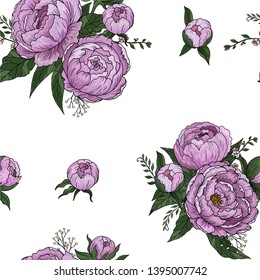 Peony flower pattern. Seamless Pattern Flowered Texture Background. Isolated white background. Vector illustration