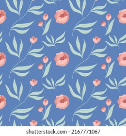 Flor de peones. Patrón sin fisuras en un fondo azul. Ilustración vectorial en estilo botánico.