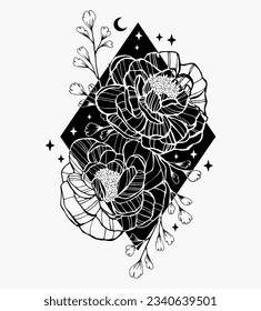 Peonblume mit sakraler Geometrie Rahmen.Tattoo, mystisches Symbol. Boho Print, Poster, T-Shirt. Textilien. Vektorgrafik. Vintage-Gravur. Vintage-Stil.