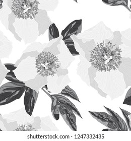 Peony flower seamless monochrome pattern drawing. Hand drawn engraved floral background with botanical rose peony and leaves. Black ink sketch. Great for fabric, print, greeting cards décor.