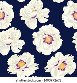 Peony flower. Seamless pattern, background. Colored vector illustration. In botanical style on space blue background.	