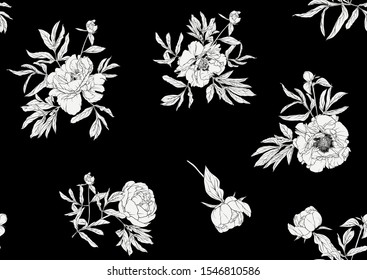 Peony flower. Seamless pattern, background. Black and white graphics. Vector illustration. In botanical style