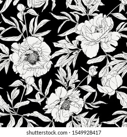 Peony flower. Seamless pattern, background. Black and white graphics. Vector illustration. In botanical style