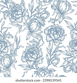 Dibujo de patrones sin fisuras de flores peony. Engrave dibujado a mano