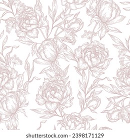 Peony flower seamless pattern drawing. Vector hand drawn engrave