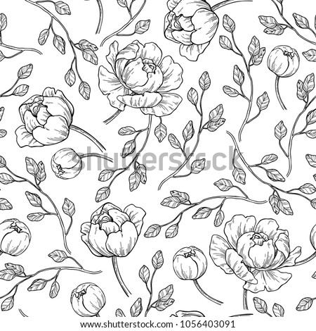 Peony flower seamless pattern drawing. Vector hand drawn engraved floral background with botanical rose, leaves and berry. Black ink sketch. Great for invitations, fabric, print, greeting cards decor