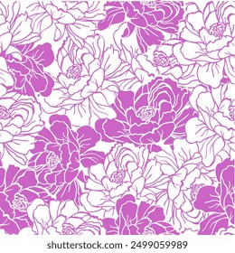 Peony flower seamless pattern, flat pattern, lilac color, hand drawing. Vector illustration.