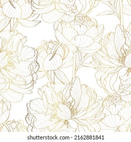 Peony flower seamless pattern. Hand drawn engraved floral background with botanical rose, peony. Golden line sketch. Great for invitations, fabric, print, greeting cards decor.