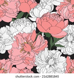 Patrón sin fisuras de flores de peón. Fondo floral grabado a mano con rosa botánico, peonía. Esbozo de color sencillo. Ideal para invitaciones, tela, impresión, decoración de tarjetas de felicitación.
