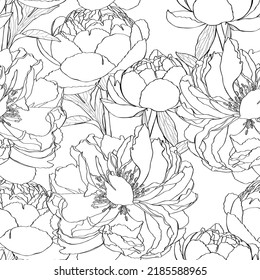 Peony flower seamless pattern. Hand drawn engraved floral background with botanical rose, peony. Black line sketch. Great for invitations, fabric, print, greeting cards decor.