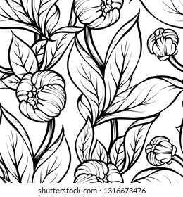 Peony flower seamless pattern line drawing. Vector hand drawn engraved floral background Black ink sketch. Great for invitation card, fabric, print and decorations.