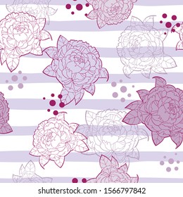 Peony flower seamless pattern on purple striped background