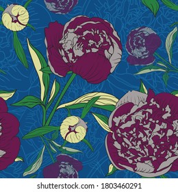 Peony flower. 
Seamless vector pattern with flowers. Hand drawing.