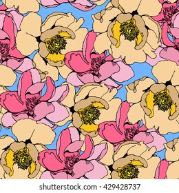 Peony flower seamless vector pattern. Flower background for fabric