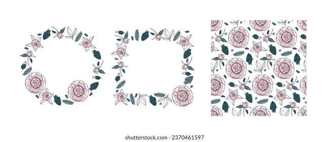 Peony Flower set. Hand drawn square and round frames and seamless pattern in trendy sketch style isolated on white background. Doodle flower card templates. Vector illustration in pastel colors.