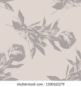 Peony flower silhouette seamless pattern. Hand drawn leaf silhouettes with scribble textures. Natural elements in pastel shades and colors. Vector for surface design