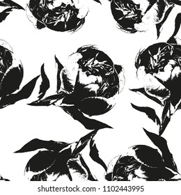 Peony flower silhouette seamless pattern. Hand drawn leaf silhouettes with scribble textures. Natural elements in pastel shades and colors. Vector grunge design for surface design