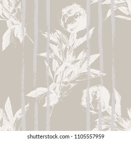 Peony flower silhouette seamless pattern. Hand drawn leaf silhouettes with scribble textures. Natural elements in pastel shades and colors. Vector grunge design for surface design
