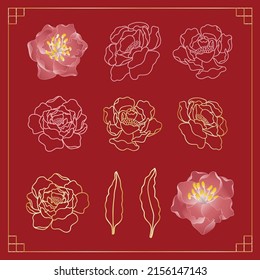 Peony flower vector icon set on red oriental style background 