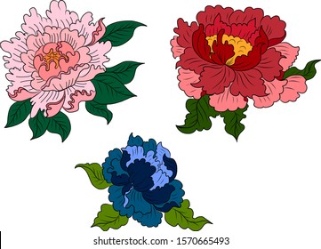 Peony flower vector for tattoo design on white background.Beautiful line art with Peony flower illustration on isolated.