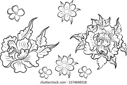 Peony flower vector for tattoo design on white background.Beautiful line art with Peony flower illustration on isolated.Peach blossom flower hand drawn style.Sakura vector.Japanese flower for tattoo.
