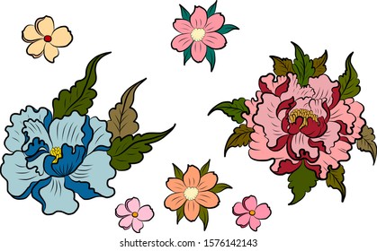 Vector de flores de peones para el diseño de tatuajes sobre fondo blanco. Hermosa línea de arte con ilustraciones de flores de Peony en aislado. Estilo dibujado a mano de flores de flores de color rosa. Vector de sakura. Flor japonesa para tatuajes.