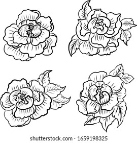Peony flower vector for tattoo design on white background.Beautiful line art with Peony flower illustration on isolated.Rose flower for doodle and coloring book on white isolated background.