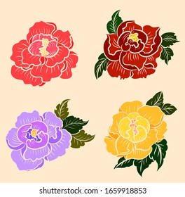 Peony flower vector for tattoo design on white background. Beautiful line art with Peony flower illustration on isolated.Rose flower for doodle and coloring book on white isolated background.